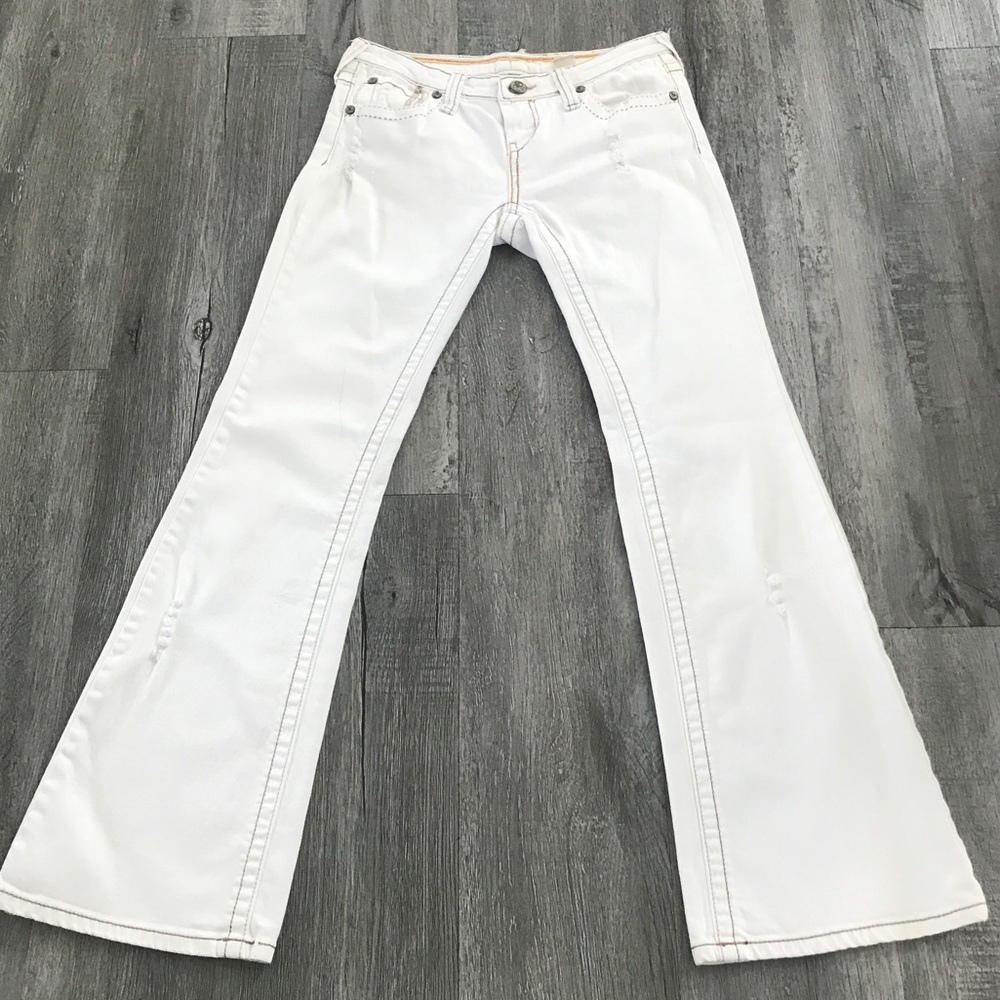 YNQ Denim, low rise, Flare Cut, 5 pocket. Brown stitching accents. Size 5